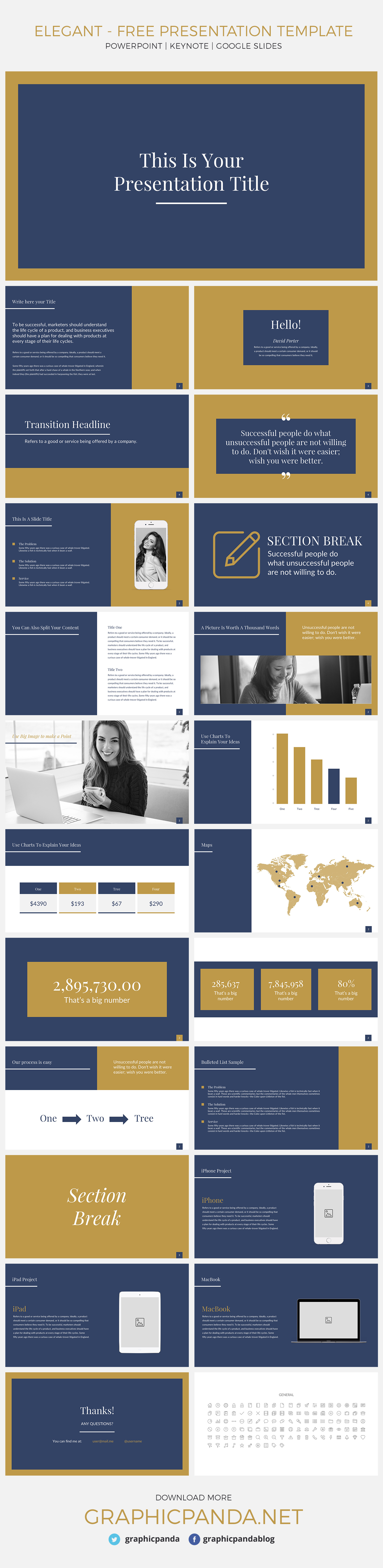 This free Elegant presentation template for Microsoft powerpoint and google slides and Apple keynote is a super classy pitch deck template that presents you with a refreshing color scheme that isn’t boring but keeps you looking professional. Each slide has a burst of color that makes your data pop out but not distract your audience from your overall point. I have handpicked the top 3 slides that I believe are super modern and helpful.