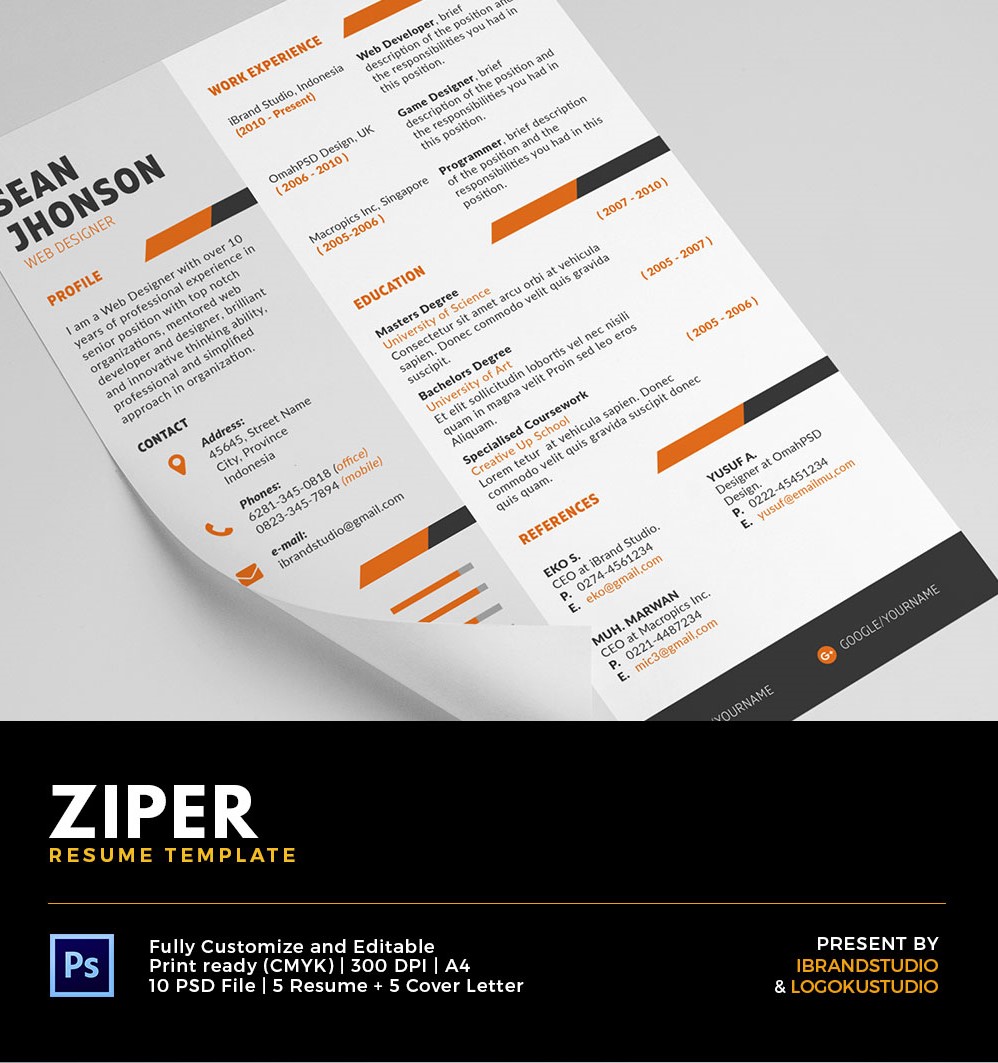 Free Ziper Resume Template & Cover Letter (PSD)